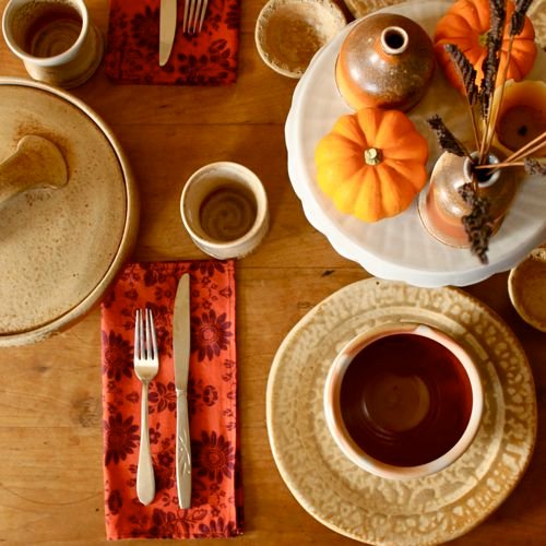 fall decorating handmade pottery, fall decorating ideas, wood-fired pottery